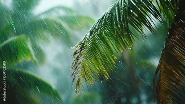 Obraz Raindrops cascading on lush palm leaves during a tropical downpour amidst a vibrant green background