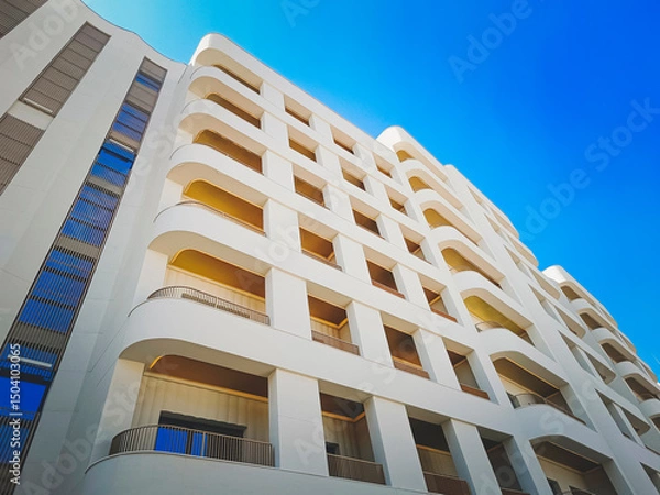Fototapeta Fragment of a beautiful modern white facade of a multi-story hotel or house with large loggias against the background of a blue sky. Close-up.