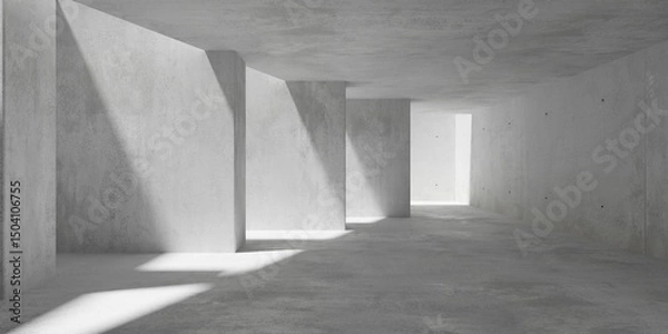 Fototapeta Abstract empty, modern concrete room with diagonal offset row of pillars, sunlight and rough floor - industrial interior background template