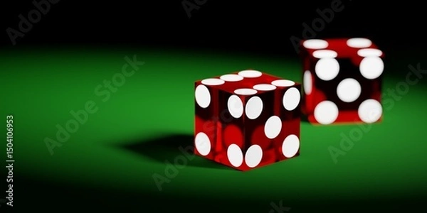 Fototapeta Two red casino dice with white dots laying on green felt table background, gambling or luck concept, selective focus