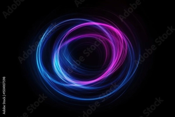 Fototapeta Abstract glowing circle with blue and pink light trails on a dark black background creating a portal effect