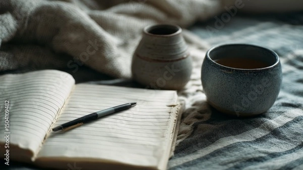 Obraz A pen rests on an open lined notebook beside pottery cups, set on a cozy blanket, evoking feelings of contemplation and comfort.