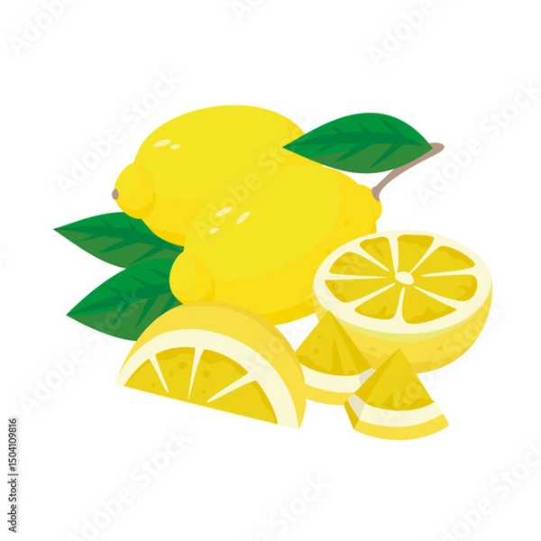 Fototapeta Set of images with whole and cut lemons. Some green leaves. Simple and flat style. Image with white background. It looks like a grapefruit or a lime.