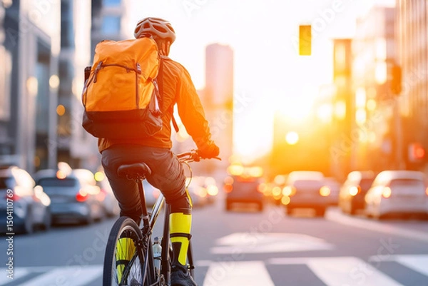 Fototapeta City Cyclist: A cyclist wearing a helmet delivers a package, navigating a busy city street at sunset. The cyclist is a symbol of convenience and efficiency. 