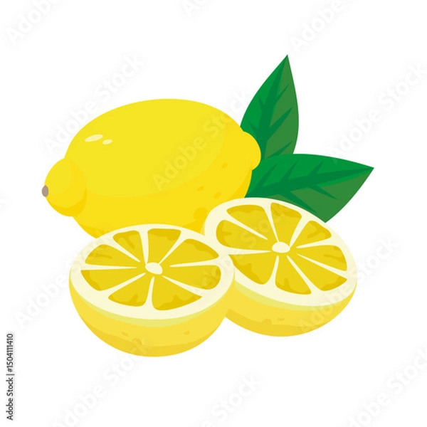 Fototapeta フレッシュな黄色いレモンのシンプルなベクターイラスト。カットしたレモンと丸ごとのレモンのセット。