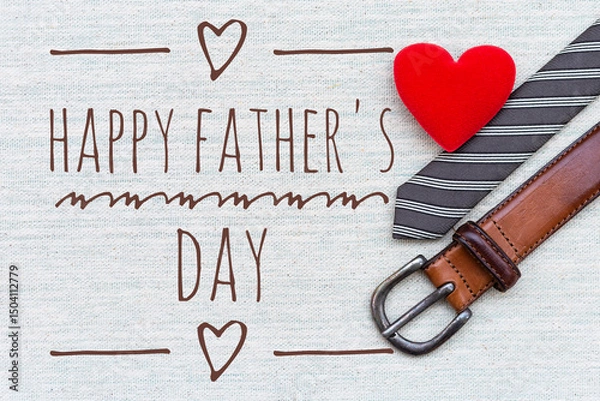Fototapeta Happy Father's day card background idea, father's day greeting card with red heart and necktie with leather belt