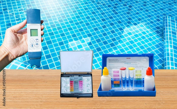 Fototapeta Water quality testing tool over clear swimming pool water background, water tester equipment technology