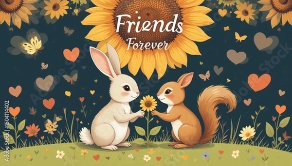 Fototapeta Friends Forever – Rabbit and Squirrel Under Sunflower in Soft Vector Style