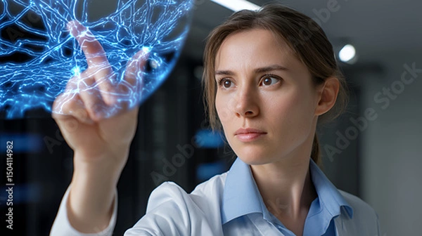 Fototapeta Woman in lab coat interacting with glowing neural network hologram display