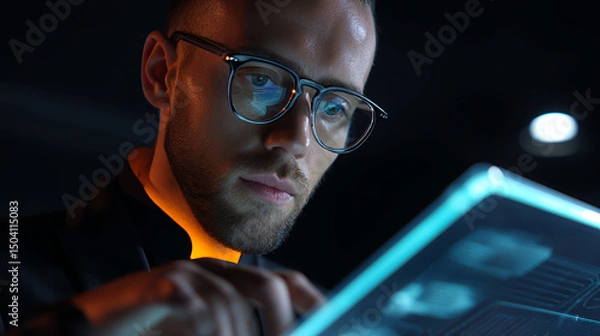 Fototapeta Man with glasses using a futuristic tablet in a darkened environment