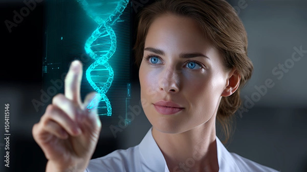 Fototapeta Woman in lab coat interacts with holographic dna structure display
