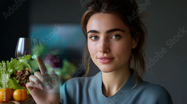 Fototapeta Woman interacting with holographic display near salad and wine glass