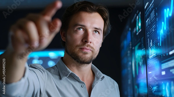 Fototapeta Man interacting with digital interface with graphs and data analysis