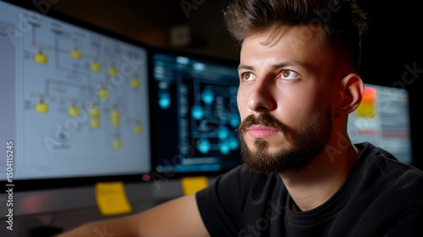 Obraz Man with beard in front of computer screens with diagrams and code
