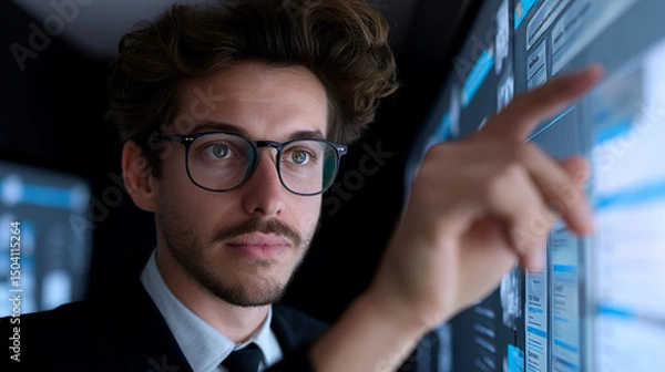 Fototapeta Man in suit with glasses touching large screen with data visualization