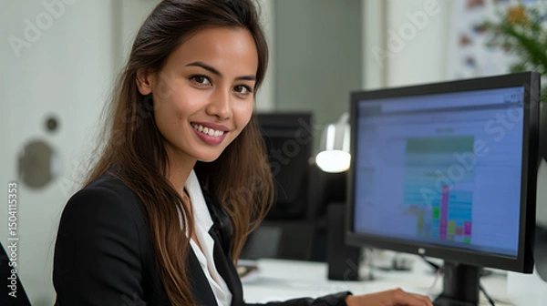 Fototapeta Smiling woman in a suit working at a computer in an office setting