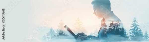 Obraz Silhouette of a man  using a laptop, cityscape view