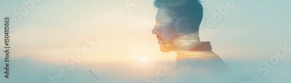 Obraz Silhouette of a person using a phone with a city skyline