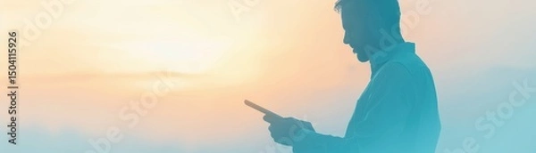 Obraz Silhouette of a person using a phone with a city skyline