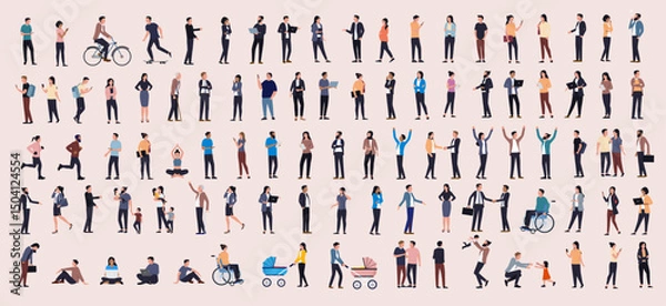 Obraz Vector people illustration collection - Big set of casual 2d diverse characters in side view flat design graphic, standing in various poses doing work and leisure activities