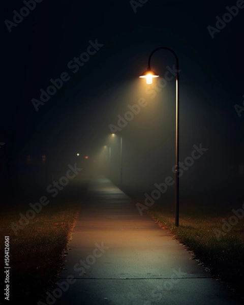 Fototapeta Street lamp night fog pathway light darkness illuminated outdoor park mist quiet empty glow metal pole walkway atmosphere moody solitude cold urban night scene shadow light beam evening mysterious