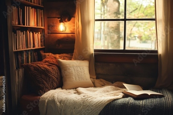 Fototapeta Cozy reading nook captures a quiet moment with warm light and inviting textures in a tranquil space
