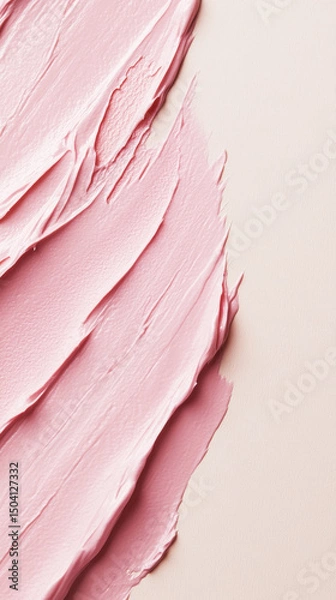 Fototapeta Close-up of smooth pink cosmetic cream or makeup foundation smeared on a soft beige background. Generative AI