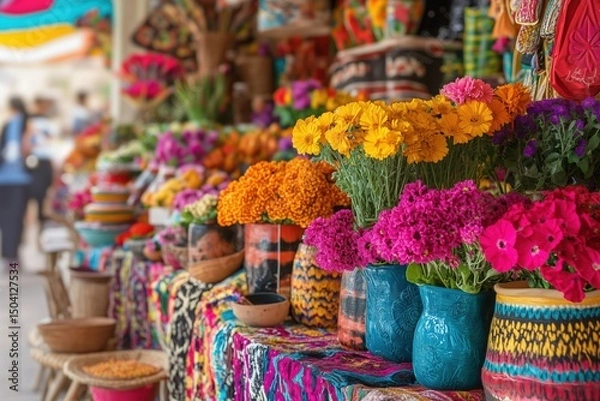 Fototapeta Vibrant market filled with colorful flowers textiles and handcrafted goods during a sunny afternoon
