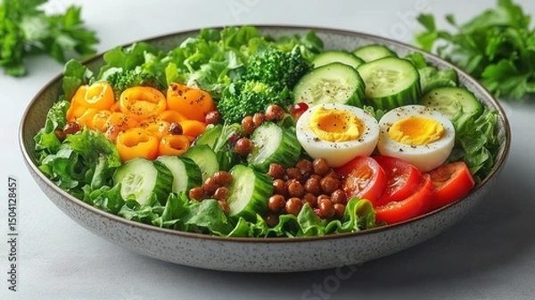 Fototapeta Fresh vegetable salad with eggs, peppers, cucumbers, and light dressing on white background.