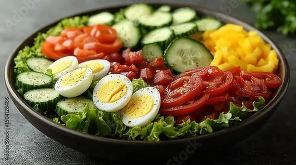 Fototapeta Fresh vegetable salad with eggs, peppers, cucumbers, and light dressing on white background.