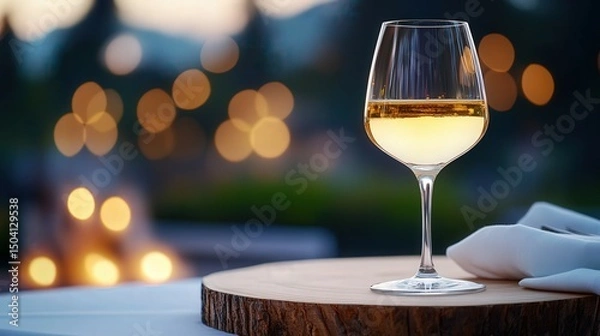 Fototapeta Elegant Wine Glass on Table with Soft Evening Glow and Bokeh Lights