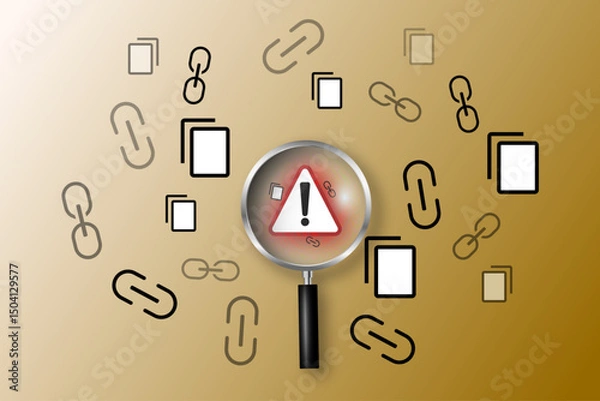 Obraz Document scam and unsafe link detection with magnifying glass on alert sign, symbolizing internet threats, suspicious hyperlinks, and file safety analysis.

