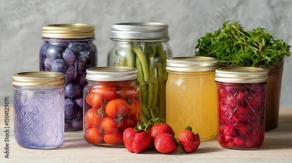 Obraz Fresh Food Preservation Techniques with Vibrant Jarred Produce