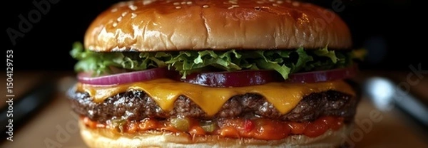 Fototapeta Futuristic burger with 3D-printed layers, served on a sleek metal tray.