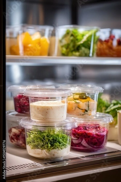 Obraz Inside a Beautifully Illuminated Refrigerator with Fresh Ingredients