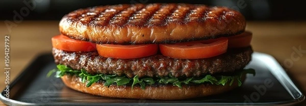 Fototapeta Futuristic burger with 3D-printed layers, served on a sleek metal tray.