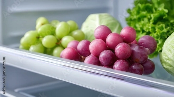 Obraz Fresh Grapes and Green Lettuce Inside Polished Silver Refrigerator