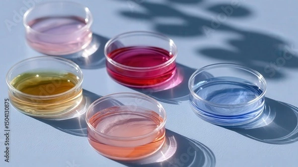 Obraz Symmetrical Arrangement of Petri Dishes with Colorful Cell Cultures