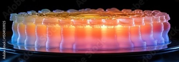 Fototapeta Futuristic 3D-printed cake with colorful layers and shiny surface on a minimalistic table.

