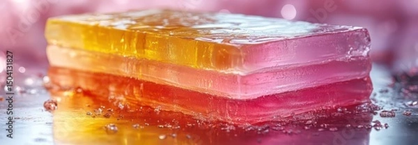 Fototapeta Futuristic 3D-printed cake with colorful layers and shiny surface on a minimalistic table.

