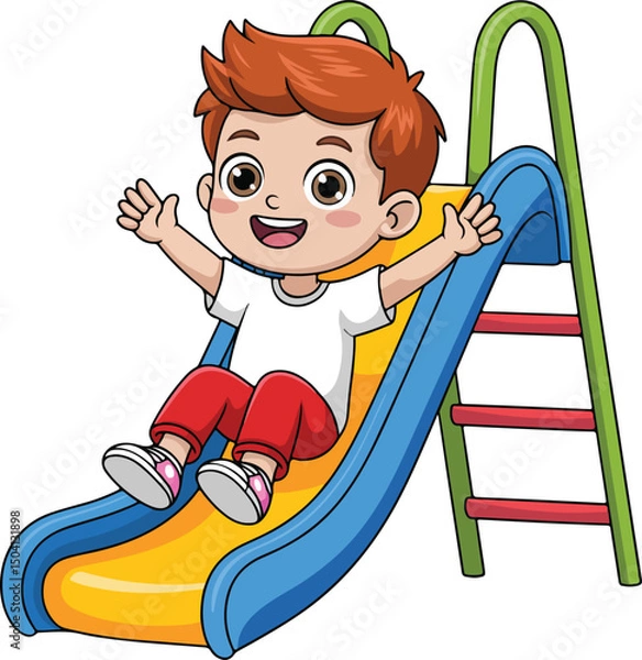 Obraz Happy boy sliding down a playground slide