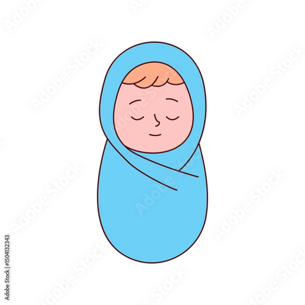 Fototapeta Cute sleeping baby wrapped in soft blanket. Minimalist vector illustration ideal for baby clothes, newborn care, parenting resources, and child health campaigns