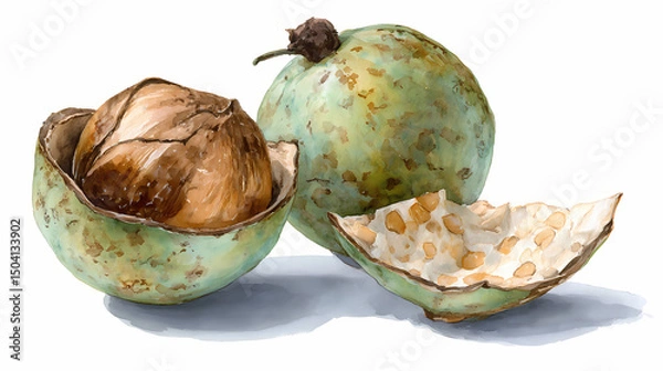 Obraz "Watercolor Clip Art of Candlenut Fruit – Whole and Halved Kukui Nuts with Shells and Green Leaves for Botanical, Culinary, and Natural Design Projects"

