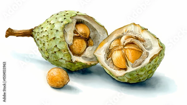 Obraz "Watercolor Clip Art of Candlenut Fruit – Whole and Halved Kukui Nuts with Shells and Green Leaves for Botanical, Culinary, and Natural Design Projects"

