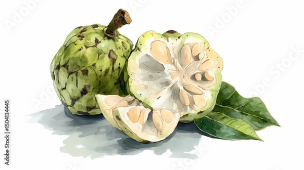 Obraz "Watercolor Clip Art of Whole Cherimoya – Green Scaly Tropical Fruit with Unique Texture for Botanical, Culinary, and Exotic Design Projects"

