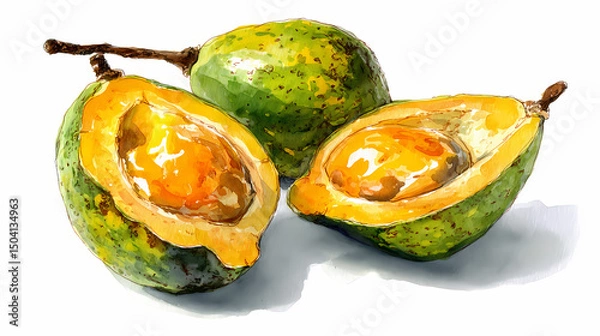 Obraz "Watercolor Clip Art of Halved Abiu Fruit – Tropical Yellow Fruit with Translucent Flesh and Seeds for Botanical and Exotic Culinary Design Projects"


