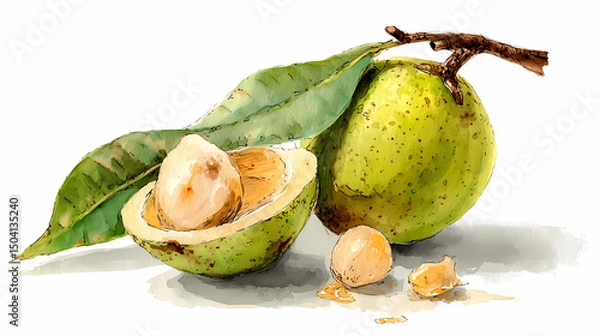 Obraz "Watercolor Clip Art of Bael (Bel) Fruit with Leaves – Whole and Halved Ayurvedic Wood Apple with Orange-Golden Pulp and Foliage for Botanical and Herbal Design Projects"


