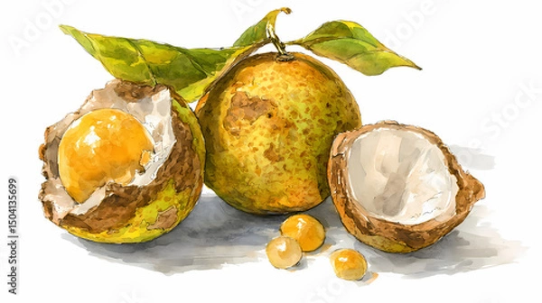 Obraz "Watercolor Clip Art of Bael (Bel) Fruit with Leaves – Whole and Halved Ayurvedic Wood Apple with Orange-Golden Pulp and Foliage for Botanical and Herbal Design Projects"

