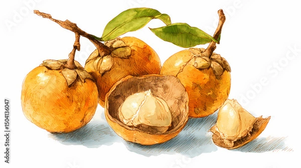 Obraz "Watercolor Clip Art of Bael Fruits with Leaves – Whole and Halved Wood Apples with Golden Pulp and Green Foliage for Herbal, Botanical, and Ayurvedic Design Projects"

