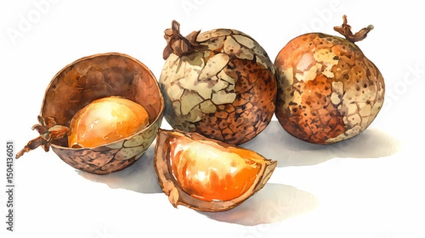 Obraz "Watercolor Clip Art of Bael Fruits with Leaves – Whole and Halved Wood Apples with Golden Pulp and Green Foliage for Herbal, Botanical, and Ayurvedic Design Projects"

